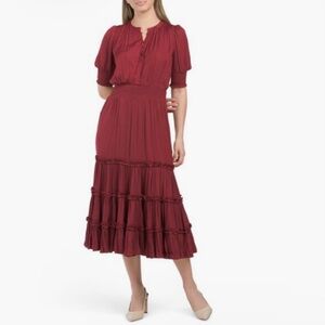Elie Tahari red wine smocked waist midi ruffle tiered dress